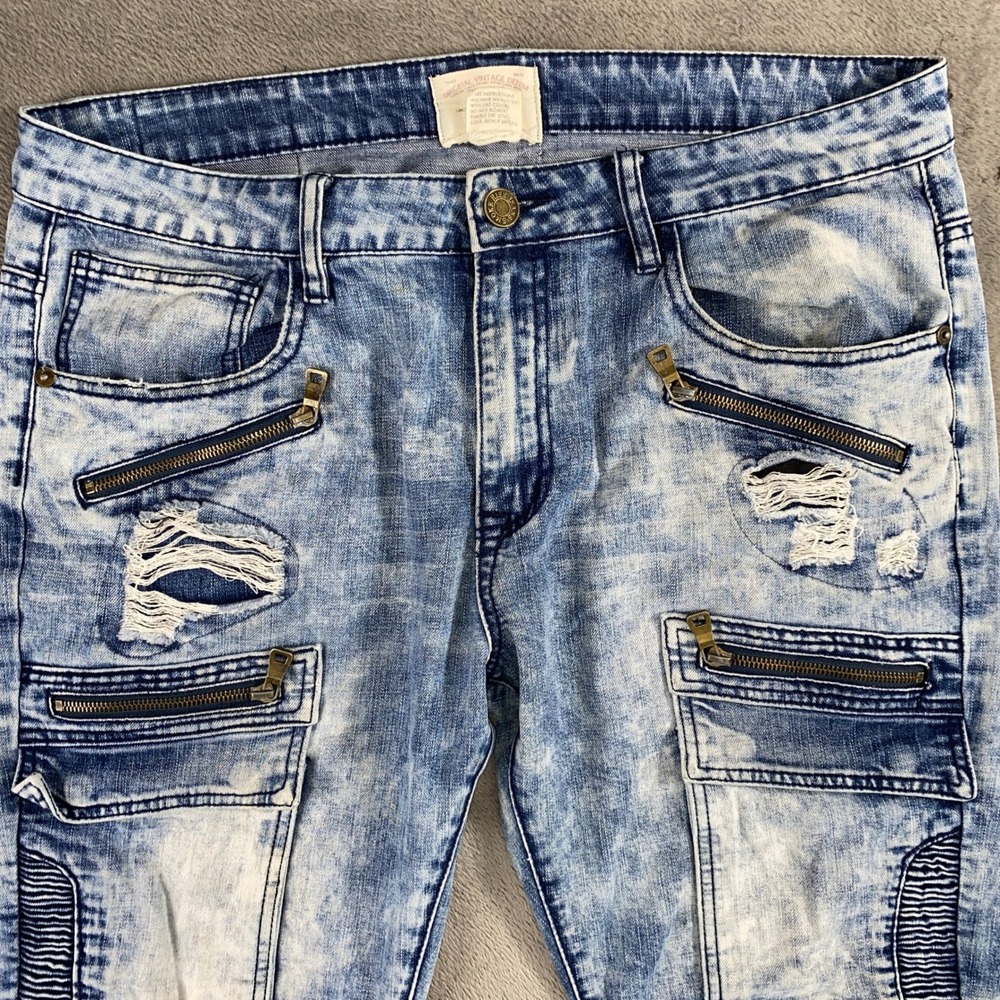 Smoke Rise Moto Jeans Mens 36 Blue Acid Wash Distressed Biker Cargo Slim Pants - Picture 3 of 11